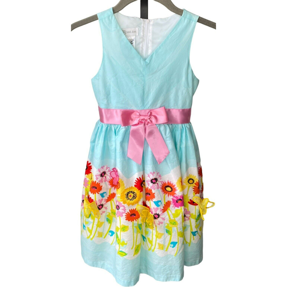 Bonnie Jean Blue Multi Floral Dress Satin Bow Appliqué Butterflies Girls Sz 6